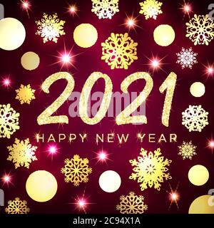 Carte de vœux du nouvel an 2021. Boule de Noël à texture dorée boules de neige flocons étoiles sur fond rouge foncé. Célébration du nouvel an d'or Illustration de Vecteur