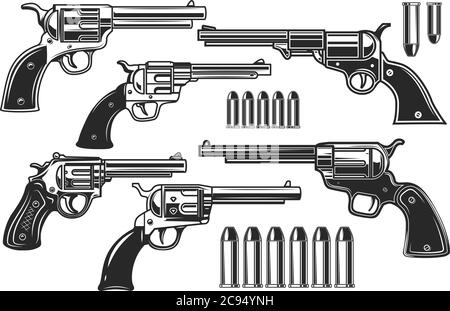 Jeu d'illustrations de revolvers et de cartouches. Élément design pour logo, étiquette, affiche, affiche, t-shirt. Illustration vectorielle Illustration de Vecteur