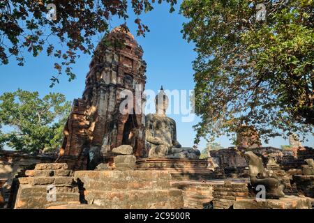 Une statue de Bouddha à Wat Mahathe (Wat Maha That) dans le parc historique d'Ayutthaya dans l'ancienne capitale d'Ayutthaya, en Thaïlande Banque D'Images