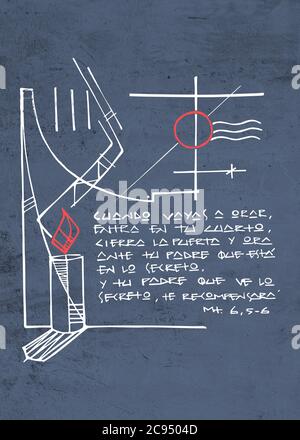 Illustration ou dessin à la main de certains symboles chrétiens et d'une phrase biblique en espagnol qui signifie: Quand vous voulez prier, allez à votre chambre, clos Banque D'Images