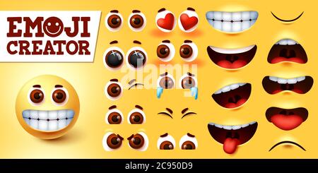 Emoji smileys créateur heureux ensemble de vecteurs. Kit de personnage emojis emoticon en visages modifiables avec des sentiments et des émotions différents pour la conception de signe et de symbole Illustration de Vecteur