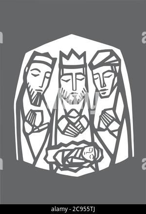 Illustration ou dessin à la main des trois sages et du bébé Jésus Christ Illustration de Vecteur