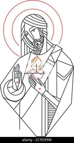 Hand drawn vector illustration ou dessin de Jésus Christ Sacré Coeur Illustration de Vecteur