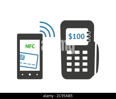 Concept de technologie NFC. Smartphone avec carte de crédit sur son écran et POS-terminal, traitement des paiements mobiles. Illustration vectorielle isolée sur whi Illustration de Vecteur
