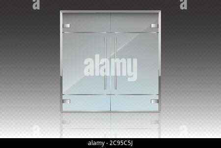 Double porte vitrée avec cadre et poignées en métal. Maquette vectoriel réaliste de portes fermées isolées sur fond transparent. Porte en verre, entrée dans le magasin, le centre commercial ou le bureau Illustration de Vecteur