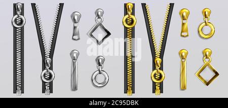 Fermetures éclair argentées et dorées avec des extracteurs de formes différentes isolés sur fond gris. Ensemble vectoriel réaliste de fermetures à glissière et glissières en métal ouvertes et fermées pour vêtements et accessoires Illustration de Vecteur