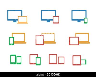 Icônes et combinaisons de smartphone Vector, ordinateur de bureau, ordinateur portable et tablette PC. Illustration de Vecteur