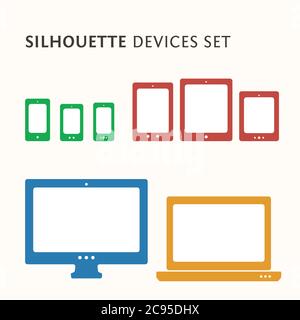 Illustration de conception Web réactive avec jeu d'icônes. Icônes de smartphone, d'ordinateur de bureau, d'ordinateur portable et de tablette. Illustration de Vecteur