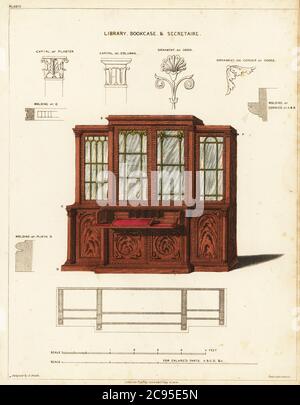 Bibliothèque bibliothèque et secret, style Régence. Bibliothèque en bois sculpté, avec portes avec panneaux de verre au-dessus. Sectaire avec porte-écriture pliable, tiroirs pour lettres et papiers, etc. Gravure en copperplate de George Smith, The Cabinet-Maker and Composter’s Guide, Jones and Co., Londres, 1828. George Smith a été bourrellerie et dessinateur de meubles à sa Majesté (le Prince de Galles, plus tard le roi George IV), vers 1786-1826. Banque D'Images