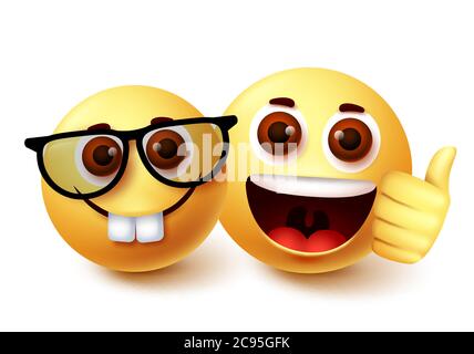 Smiley emoji de la conception de personnage de vecteur d'ami nerd. Emoji étrange intelligent avec présence d'un ami avec des expressions du visage heureux et pouces vers le haut Illustration de Vecteur