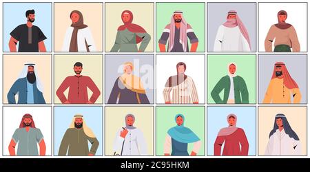 ensemble arabe hommes femmes dans les vêtements traditionnels arabe mâle femme dessin animé caractères collection portrait illustration vectorielle Illustration de Vecteur