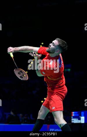 Jan jorgensen, du Danemark, en action pendant les championnats d'Angleterre Open de badminton d'ingles hommes Yonex. Jour 3 à l'Arena Birmingham. Banque D'Images
