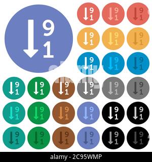 Liste numérotée descendante icônes plates multicolores sur fond rond. Variantes d'icônes blanches, claires et sombres incluses pour le vol stationnaire et l'état actif eff Illustration de Vecteur