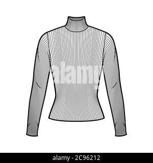 Pull en maille côtelée à col roulé illustration technique de la mode avec manches longues, forme ajustée. Modèle de vêtement pour chandail plat sur le devant, couleur blanche. Haut de chemise unisexe CAD maquette pour femmes, hommes Illustration de Vecteur