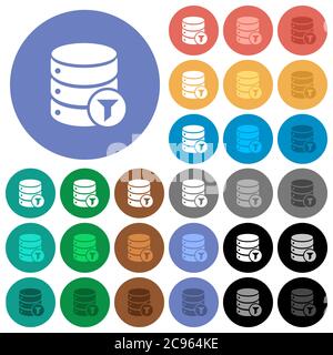 Base de données filtre les icônes plates multicolores sur les arrière-plans ronds. Inclut des variantes d'icônes blanches, claires et sombres pour les effets de survol et d'état actif, et Illustration de Vecteur