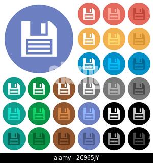 Icônes plates multicolores de la disquette sur fond rond. Inclus des variantes d'icônes blanches, claires et sombres pour les effets de vol stationnaire et d'état actif, et bon Illustration de Vecteur