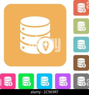 Emplacement de la base de données icônes plates sur des arrière-plans carrés arrondis aux couleurs vives. Illustration de Vecteur