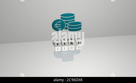 Image graphique 3D de L'EURO verticalement avec le texte construit par des lettres métalliques cubes de la perspective supérieure, excellent pour la présentation de concept et les diaporamas. Affaires et arrière-plan Banque D'Images