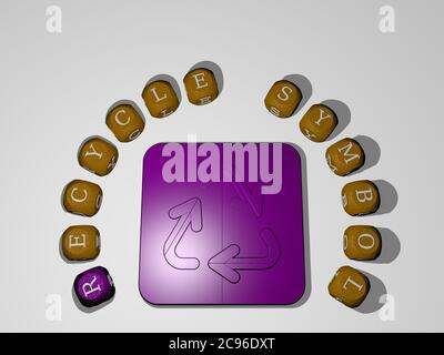 Illustration 3D de SYMBOLES DE RECYCLAGE graphiques et texte autour de l'icône faite par des lettres de dés métalliques pour la signification du concept et des présentations. Contexte et écologie Banque D'Images