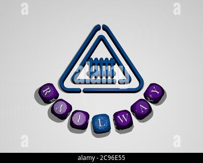 Représentation 3D de chemin de fer avec icône sur le mur et texte disposé par des lettres métalliques cubes sur un plancher miroir pour la signification du concept et la présentation de diaporama. Gare et train Banque D'Images