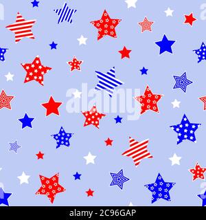 Rouge bleu étoiles blanches sur fond bleu clair. Jour de l'indépendance 4 juillet couleurs. Motif sans couture. Illustration vectorielle Illustration de Vecteur