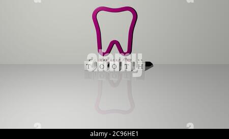 Illustration 3D des graphiques DE DENTS et du texte fait par des lettres de dés métalliques pour la signification du concept et des présentations. Dentaire et soins Banque D'Images