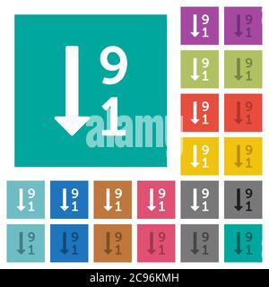 Liste numérotée descendante icônes plates multicolores sur fonds carrés simples. Inclut des variantes d'icône blanche et foncée pour les effets de survol ou actifs. Illustration de Vecteur