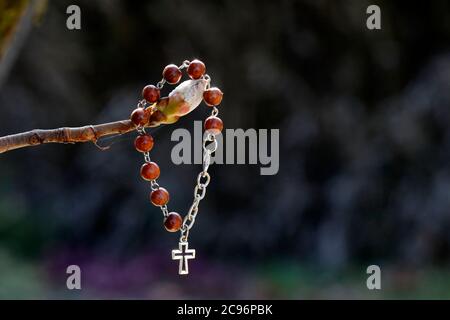 Bracelet avec une croix sur un bouton de châtaignier. France. Banque D'Images