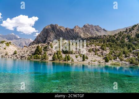 La belle route de trekking de montagne avec ciel bleu clair et collines rocheuses et la vue sur le lac d'Alaudin dans les montagnes de Fann au Tadjikistan Banque D'Images