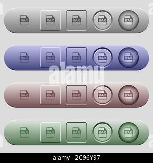 Icônes de format de fichier RAR sur les barres de menu horizontales arrondies de différentes couleurs et styles de bouton Illustration de Vecteur