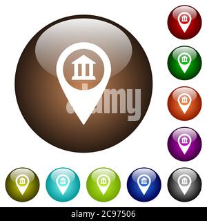Emplacement de la carte GPS du bureau de la banque icônes blanches sur des boutons ronds en verre de couleur Illustration de Vecteur