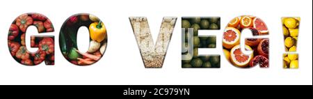 Go Veg texte écrit en lettres du capitole. Concept pour le végétalisme, le mode de vie végétarien, le changement climatique et la cruauté envers les animaux Banque D'Images