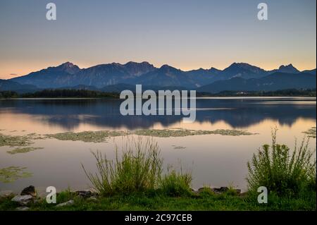 Vue sur le Hopfensee avec les montagnes Tannheim en arrière-plan, Allgäu, Swabia, Bavière, Allemagne Banque D'Images