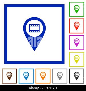 Emplacement de la carte GPS cinéma icônes de couleur plate dans des cadres carrés sur fond blanc Illustration de Vecteur