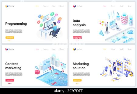 Analyse de données isométriques, illustrations vectorielles marketing de développement. Ensemble de modèles de conception de site Web mobile en 3D de dessin animé avec des concepteurs de marketing qui développent, programmant et analysant le contenu de la base de données Illustration de Vecteur