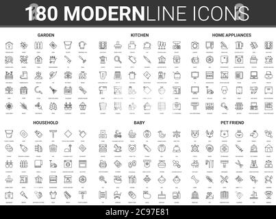 Illustration vectorielle de l'article maison. Plat ligne fine maison moderne icône ensemble d'appareils électroménagers pour les travaux ménagers de cuisine, ustensiles de cuisine, outils de mobilier pour le travail de jardin et jouets pour bébés, symboles d'accessoires pour animaux de compagnie Illustration de Vecteur