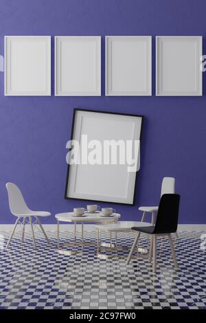 Cinq maquettes verticales blanches, cadre blanc sur mur bleu, illustration 3d Banque D'Images