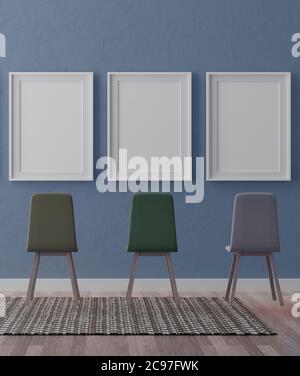 Trois maquettes verticales blanches, cadre blanc sur mur bleu, illustration 3d Banque D'Images