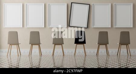 Six maquettes verticales blanches, cadre en bois et chaises sur un mur beige, illustration 3d Banque D'Images