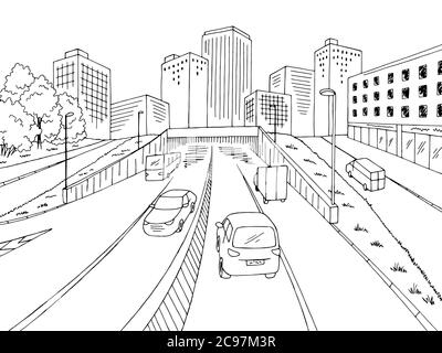 Street Road Graphic noir blanc ville paysage esquisse illustration vecteur Illustration de Vecteur