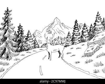 Deer sur la route graphique noir blanc paysage dessin vecteur d'illustration Illustration de Vecteur