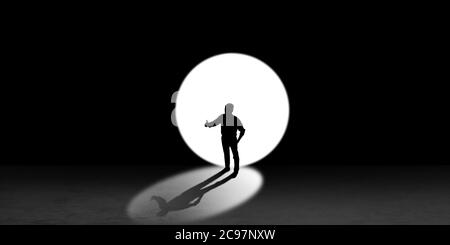 Silhouette d'homme marchant dans la nuit vers la lumière, vue d'en haut. Mode de vie, aller nulle part. Prospectus avec espace de copie. Concept d'esprit et d'art, solitude, liberté de choix. Illustration abstraite. Banque D'Images