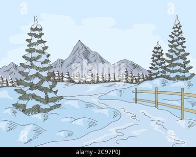 Hiver route graphique couleur esquisse paysage illustration vecteur Illustration de Vecteur