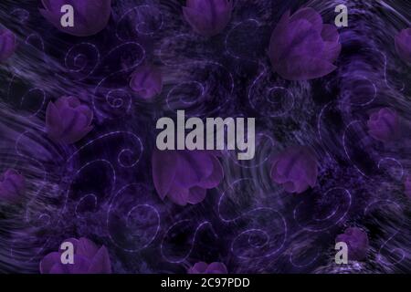 Motif violet sans couture avec tulipes. Art numérique Banque D'Images