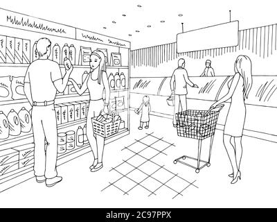 Épicerie magasin intérieur noir blanc graphique dessin illustration vecteur, les gens achetant des produits Illustration de Vecteur