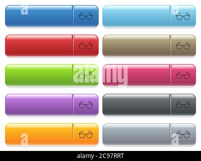 Lunettes icônes de style gravées sur des boutons de menu longs, rectangulaires et brillants. Espaces de copie disponibles pour les légendes de menu. Illustration de Vecteur