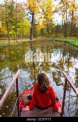 Une jeune femme est assise avec son dos sur le pont près du lac lors d'une belle journée ensoleillée, chaude et belle automne. Couverture en tissu écossais, ancien appareil photo. Banque D'Images