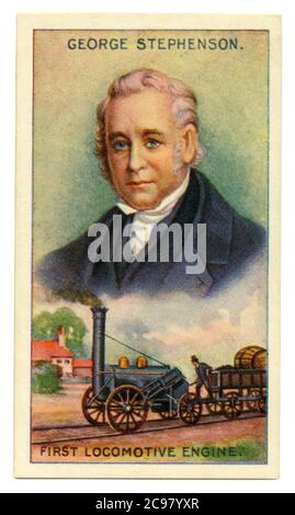 Une vieille carte à cigarettes (c. 1929) avec un portrait de George Stephenson (1781–1848) et une illustration de sa célèbre locomotive à vapeur 'Rocket'. George Stephenson était un ingénieur britannique souvent appelé le « Père des chemins de fer ». Sa jauge de rail (jauge « Stephenson ») a servi de base à la jauge standard utilisée par la plupart des chemins de fer du monde. Le Rocket de Stephenson a remporté les essais de Rainhill tenus par le Liverpool et le Manchester Railway en 1829 pour la démonstration de conceptions améliorées de locomotives à vapeur. Rocket était le loco le plus avancé et est devenu le modèle pour la plupart des locomotives à vapeur. Banque D'Images