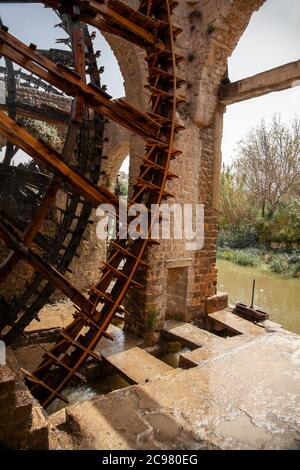 Gros plan sur les roues historiques de l'eau à Hama, Syrie ce sont de grandes roues mécaniques en bois appelées norias. Ils prennent l'eau de la rivière orontes et Banque D'Images