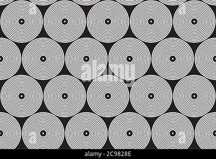 Motif de cercles répétés monochrome avec remplissage linéaire noir et blanc sur les formes sur fond gris, illustration vectorielle Illustration de Vecteur